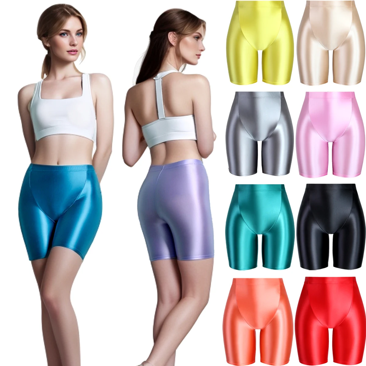 MJINM Oil Glossy Ice-silk Smooth Spandex Stretch High Waist Double Layer V-shaped Crotch Quarter Pants Bodybuilding Sport Shorts