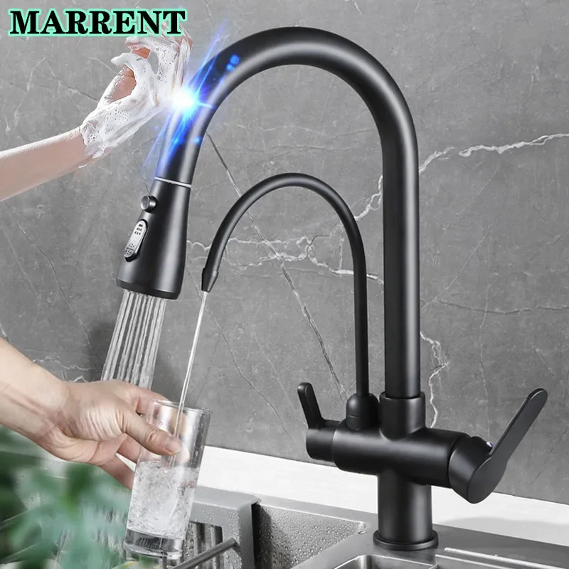 3 Ways Touch Filter Kitchen Faucets with Pull Down Sprayer Hot Cold Water Tap Matte Black Sensor Pull Out Touch Kitchen Faucet