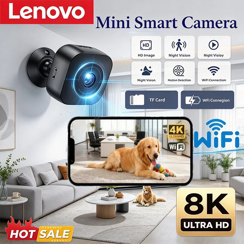 Lenovo NEW 8K HD Mini WiFi Security Camera Wireless Surveillance CCTV Two Way Audio IR Night Vision Motion Home Baby Pet Monitor