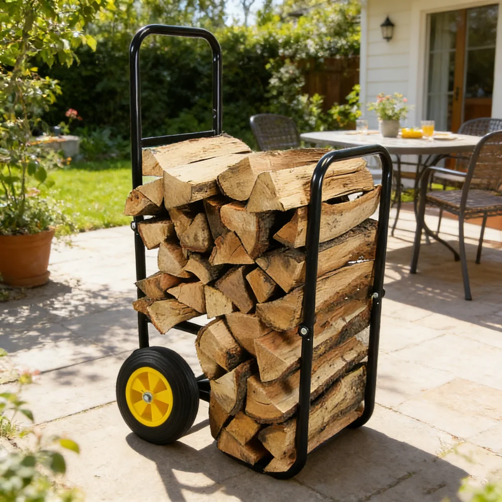 Firewood Log Cart Rolling Wood Rack Storage Mover with 2 Wear-Resistant Wheels for Easy Moving And Storage Organization