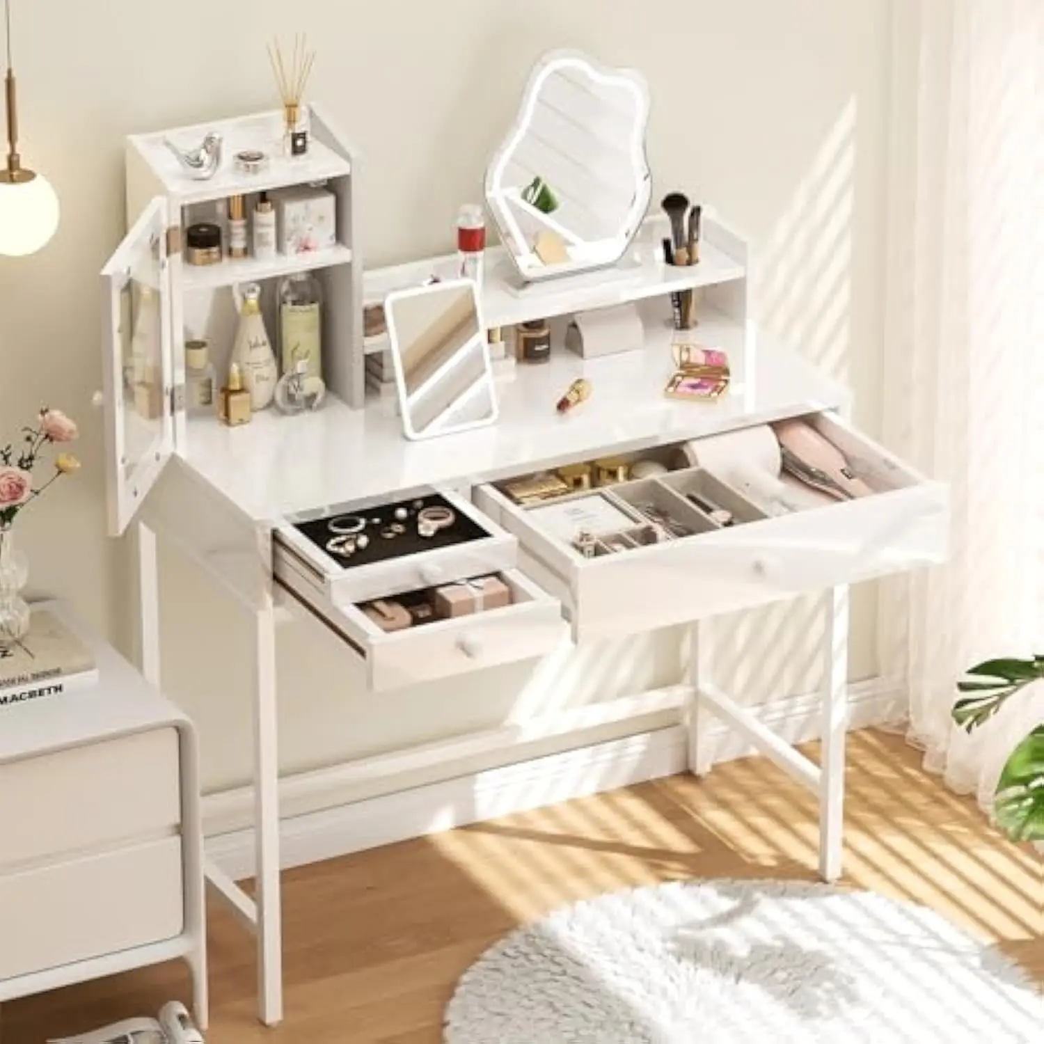 

Vanity Desk White with Small 3 Color Lighted Mirror 35.4 inch Small Vanity with Velvet Jewerly Storage Drawers, Dust-Proof Cabi