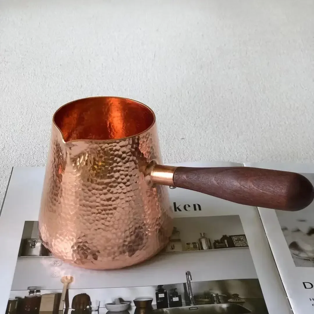 Pure Copper Latte Pitcher, Milk Jug with Wooden Handle, Kettles Hammer, Handcraft Drinkware, Tableware, 500ml