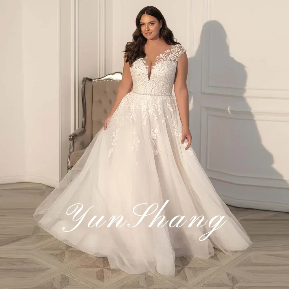 Plus Size V Neck Illusion Cap Sleeve Lace Wedding Dress Beaded Belt Applique Bodice Tulle Full A Line Skirt with Sweep Train