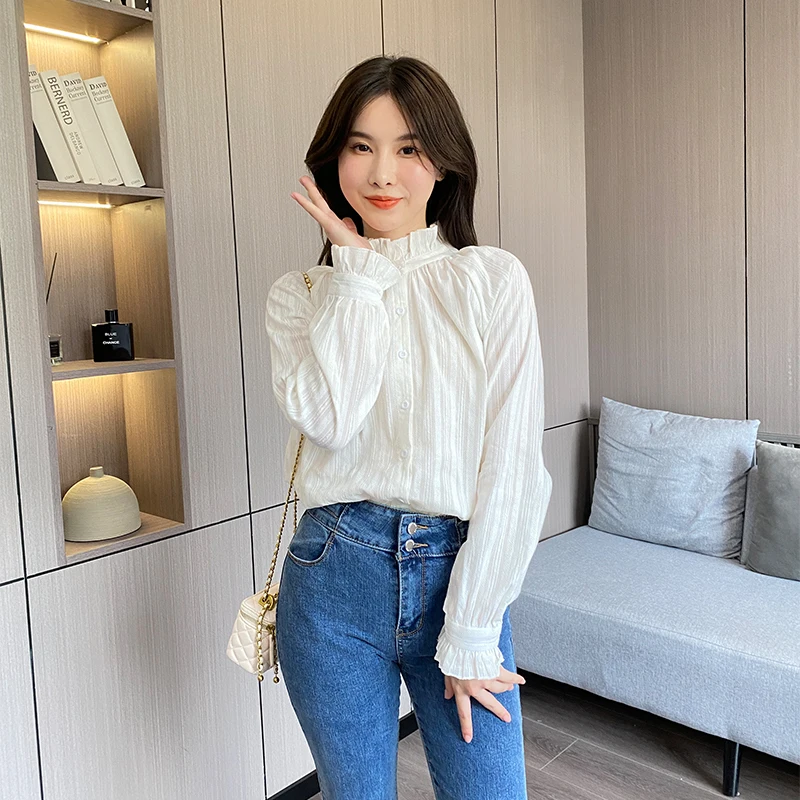 White Blouse Women 2024 Spring Stand Collar Long Sleeve Shirt Sweet Japanese Shirt Casual Ladies Tops Korean Fashion Female Wear