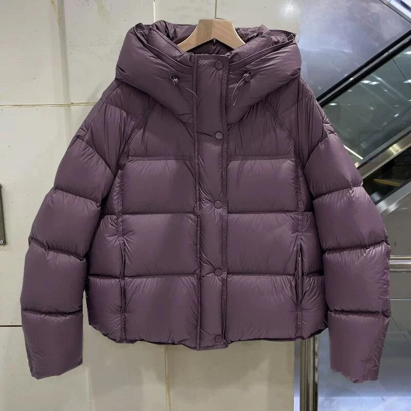 ダウンジャケットの女性の冬の新ショートフード付きルーズパンジャケット肥厚ホワイトダックダウン暖かいジャケット気質美しい