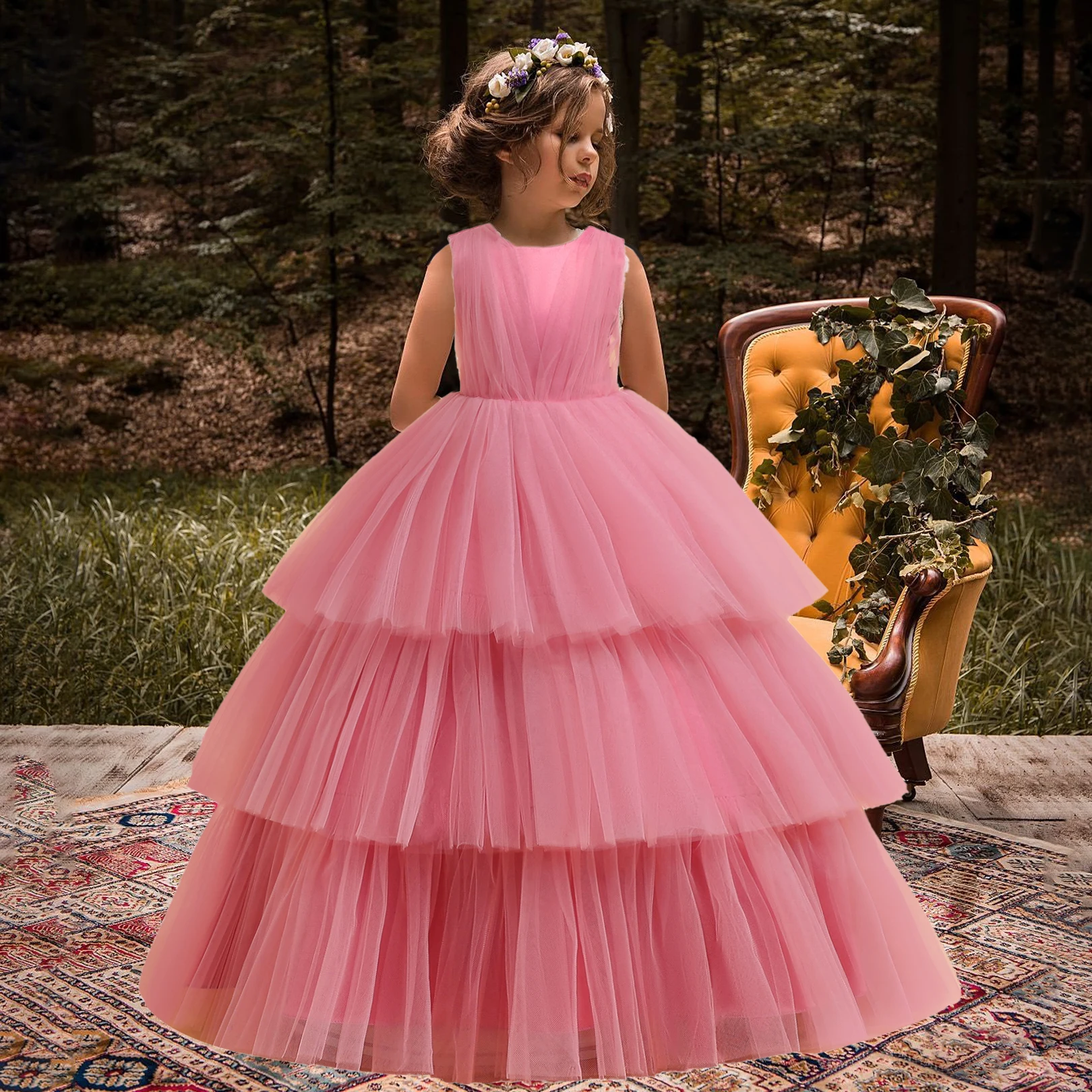 2024 Formal Sequins Children\'s Wedding Dress Fluffy Lace Prom Evening Party Dresses Costume Bridesmaid Princess Girls Clothing