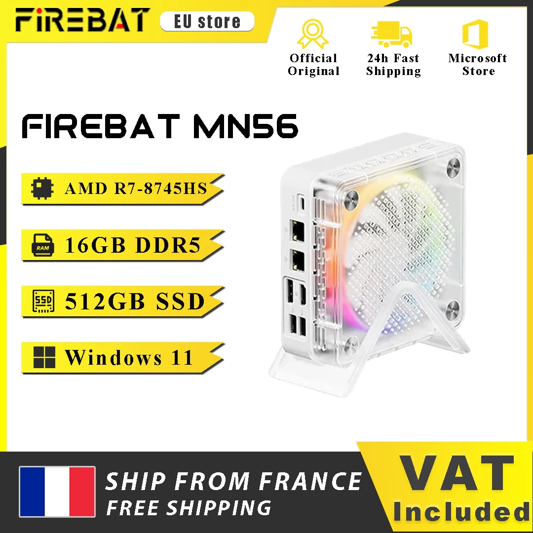 FIREBAT MN56 MINI PC AMD R7 8745HS H255 16GB DDR5 512GB SSD Windows11 PC BT 5.2 WIFI6 HDMI TYPE-C USB Ordinateur de bureau de jeu