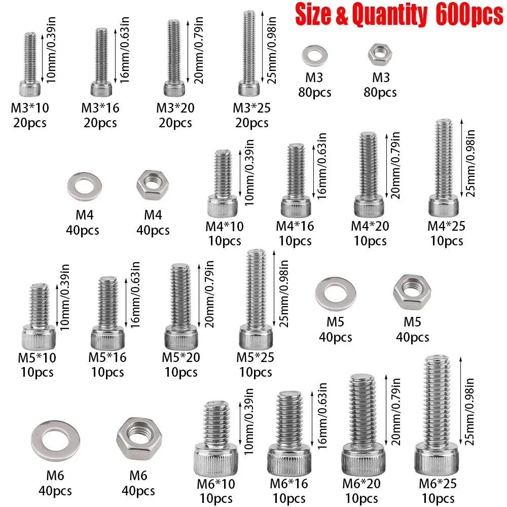 600-piece stainless steel hex bolt, nut, and washer kit M3 (10-25mm), M4 (10-25mm), M5 (10-25mm), M6 (10-25mm)