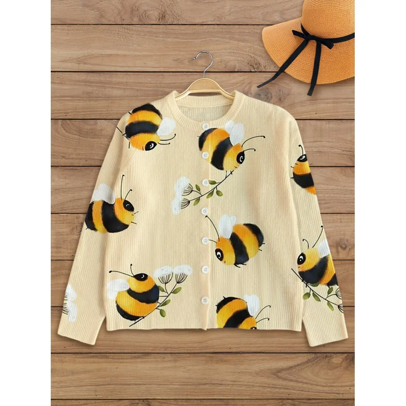 

Lazy Style Bee Floral Digital Print Women’s Sweater Knit Cardigan Thick Loose Crew Neck Long Sleeve Button Autumn Winter Casual