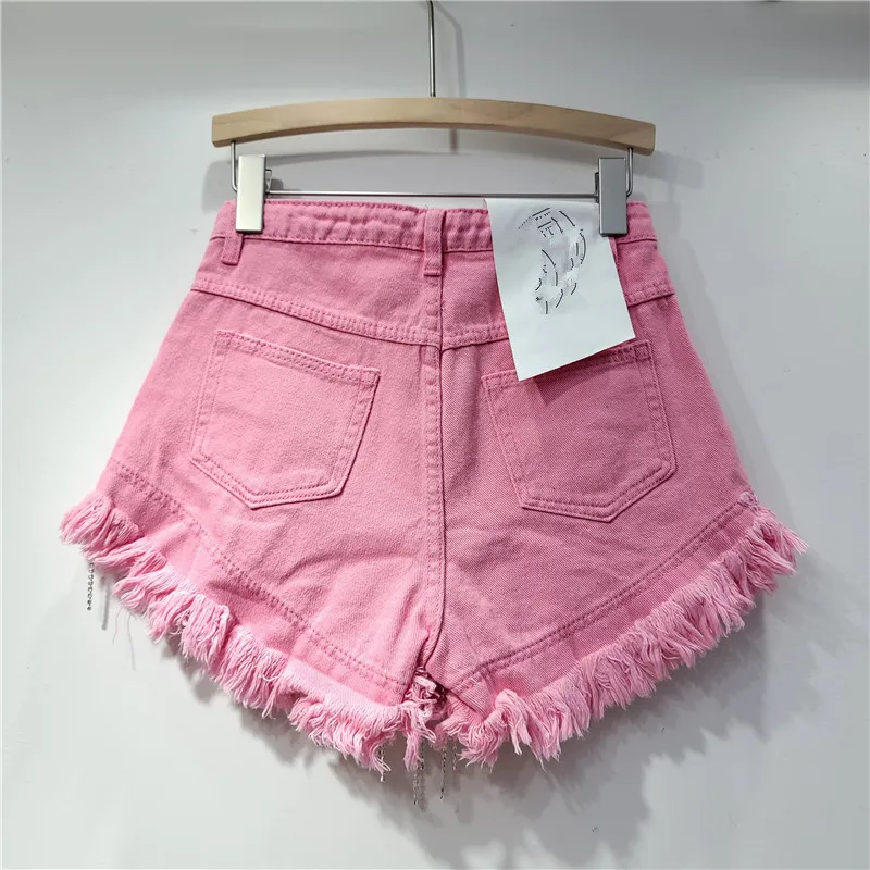 2024 Spring Summer New Hot Pants Femme Denim Short Ripped High Waist Tassel Chain Slim Fit Straight Denim Shorts Women