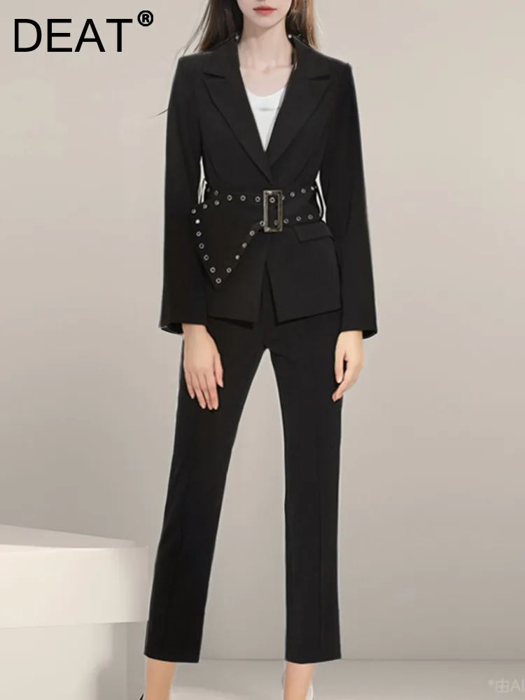 

DEAT Women 2024 Autumn 2 Piece Pants Set Long Sleeve Spliced Lapel Tops Office Lady Pants Female Solid Suits New Models 15C479