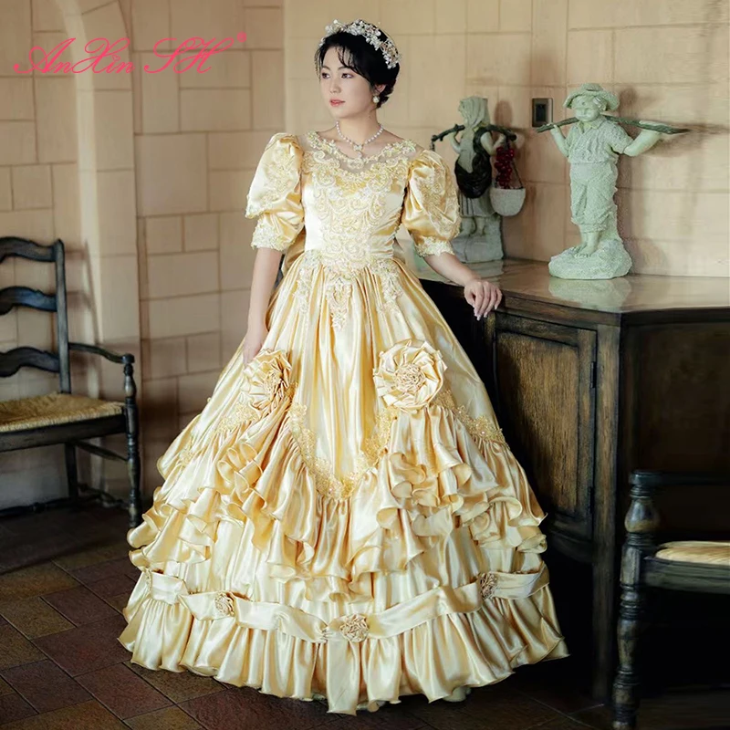 AnXin SH vintage golden satin v neck ruffles princess rose big bow beading pearls short puff sleeve  customized wedding dress