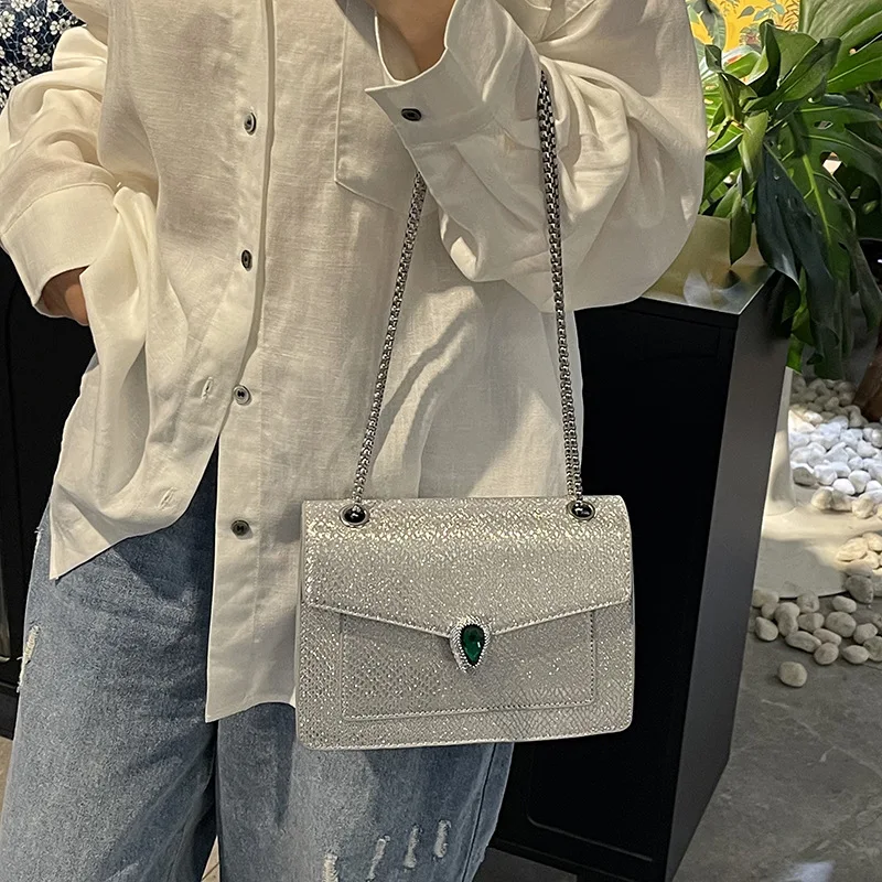 حقيبة كتف أنيقة منقوشة على شكل ثعبان 2025، حزام سلسلة قابل للتحويل، حقيبة مربعة على الطراز العتيق للنساء ليلاً ونهارًا #3