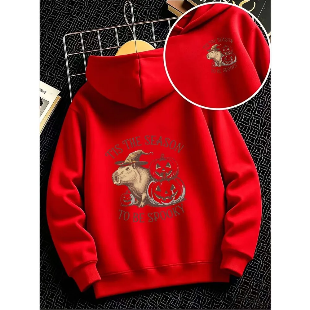 Unisex Hoodie Halloween Theme Front Print of Cartoon  with Wizard Hat And Stacked Jack-O'-Lanterns