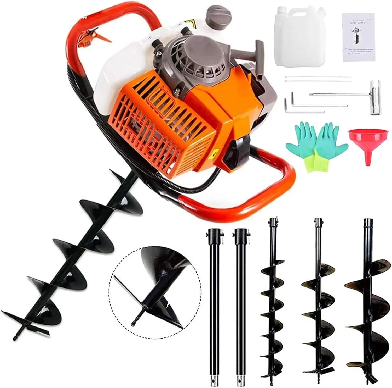 72Cc Post Hole Digger 2-Stroke Petrol Gas Powered Earth Digger With 2 Extension Rods + 3 Auger Drill Bits (4