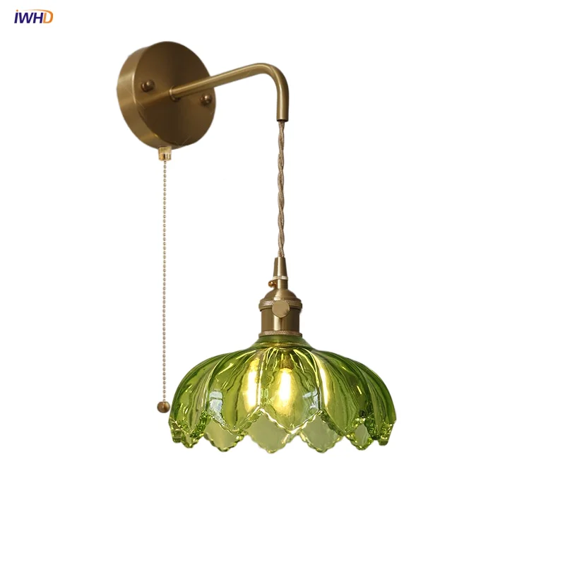 IWHD Knob Switch LED Wall Lights Fixture Kitchen Bar Living Room E27 Green Glass Pull Chain Switch Bedroom Bedside Lamp Wandlamp