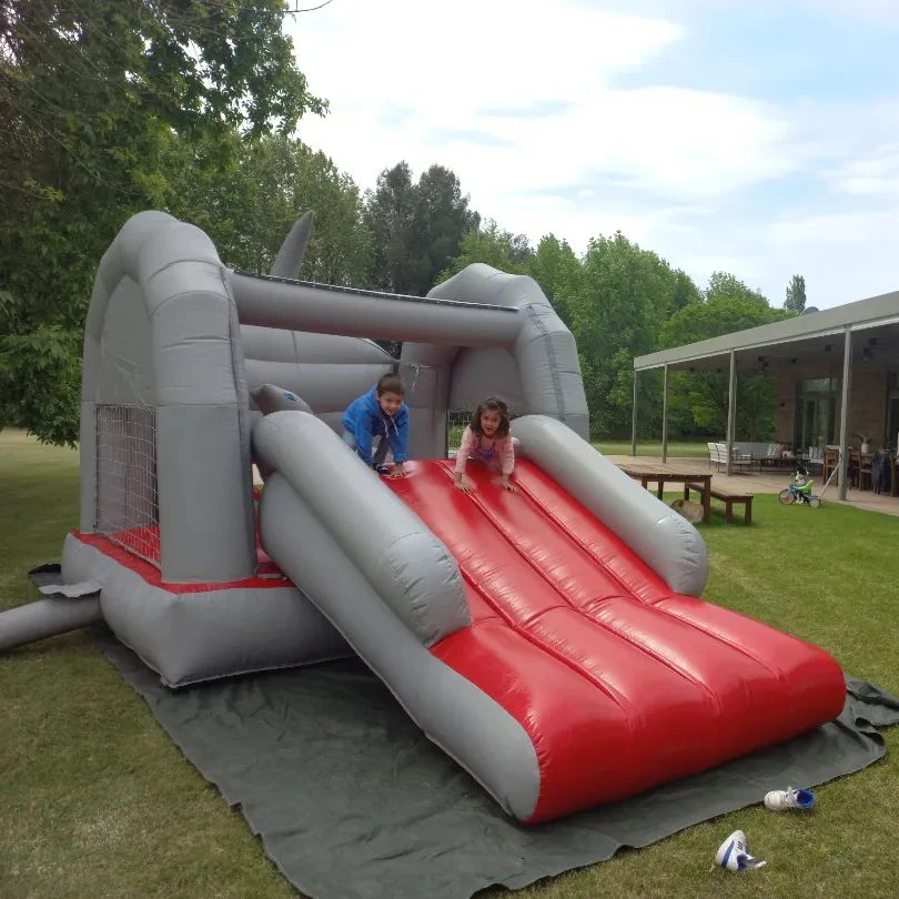 Grey Inflatable Shark Bouncer Backyard Bouncy Castle with Slide Bounce House