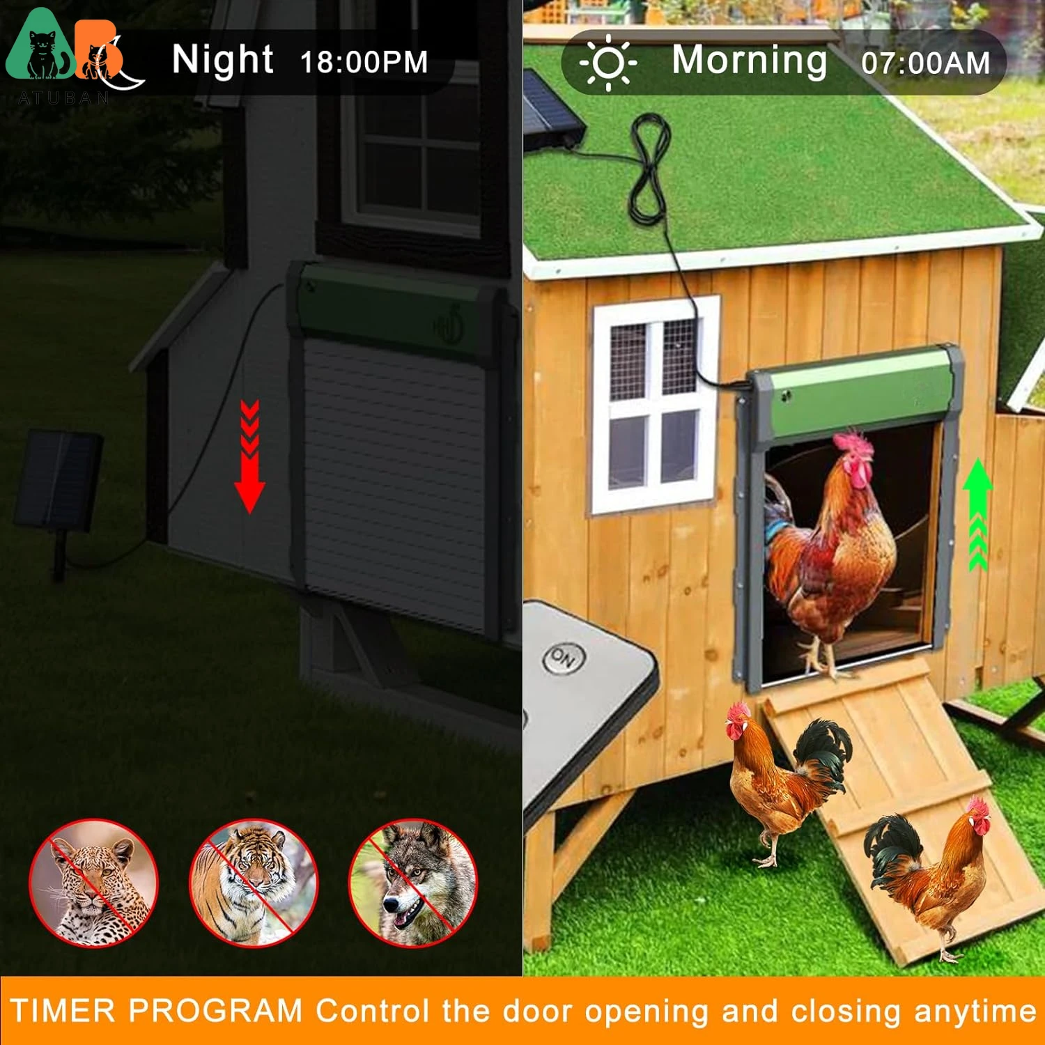 ATUBAN Automatic Chicken Coop Door,Solar Powered Coop Door,Programmable Timer,4 Modes with Timer & Light Sensor & Remote Control