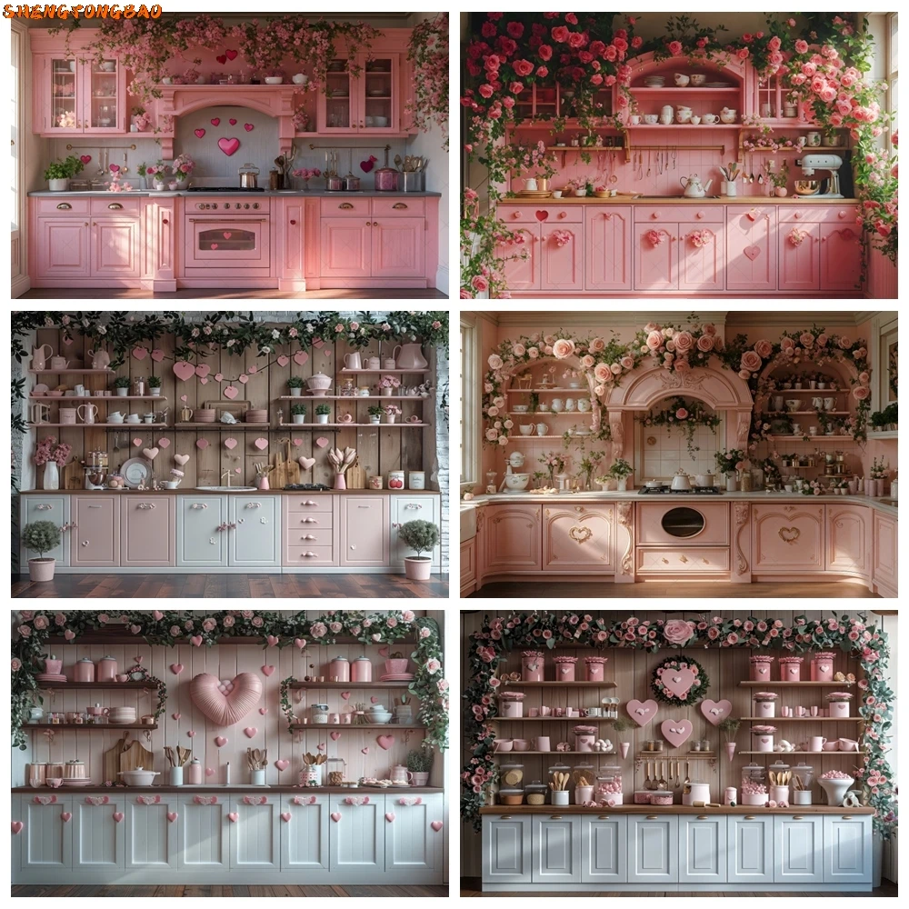 Valentine's Day Kitchen Backdrop Pink Cupboard Sweetheart Tableware Romantic Pink Rose Love Heart Baby Photography Background
