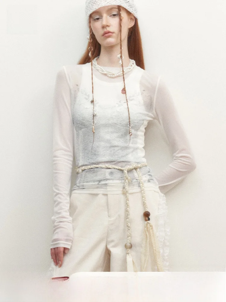 

Sun Protection White Long Sve T-irt Lace adow Slim Fit Early Autumn Cover up Thin irt AnnoMundi Commute Sle Printe...