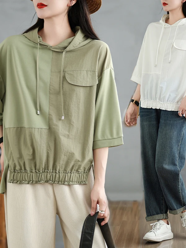 

Свободная повседневная футболка с капюшоном, однотонный удобный дышащий женский топ с нерегулярным подолом для повседневной носки
