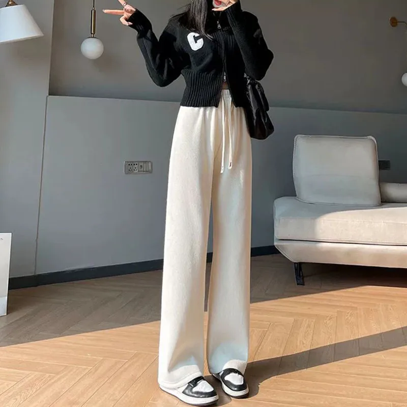 Korean Loose Thicken Warm Pants for Women Autumn Winter Casual Fleece Corduroy Trousers Female High Waist Velvet Wide Leg Pants