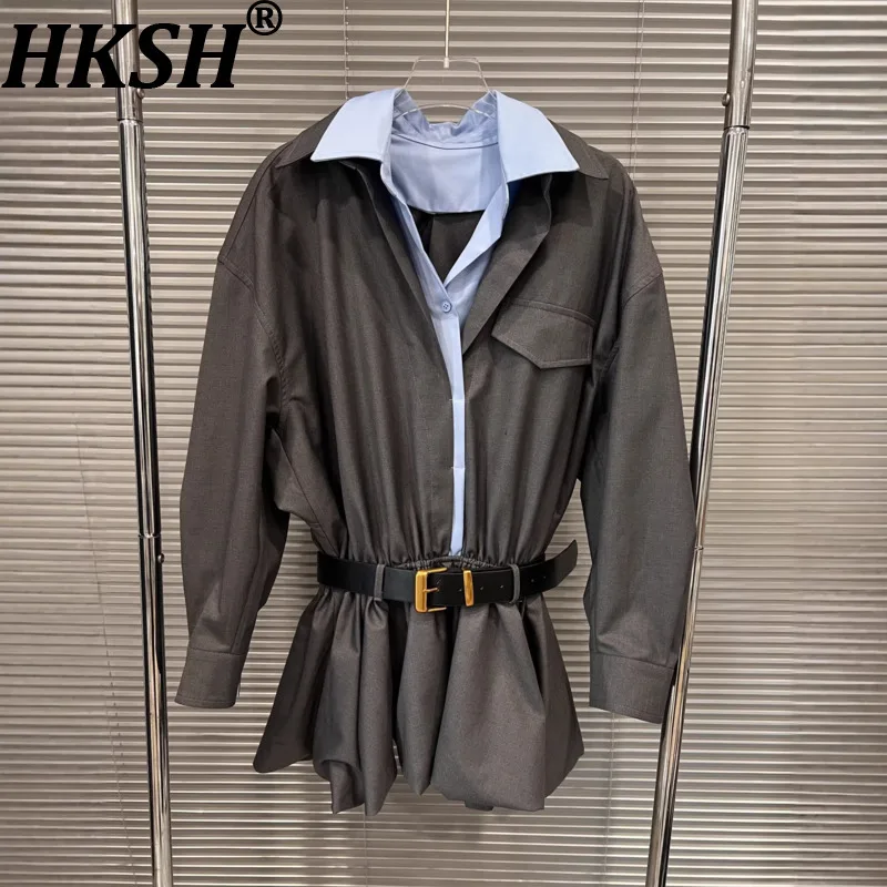 HKSH Women Chic Short Dress Turn-down Collar Color Block Fake Two-piece Pleated Waist-Cinching Tide Shirt Dresses Spring HK20171