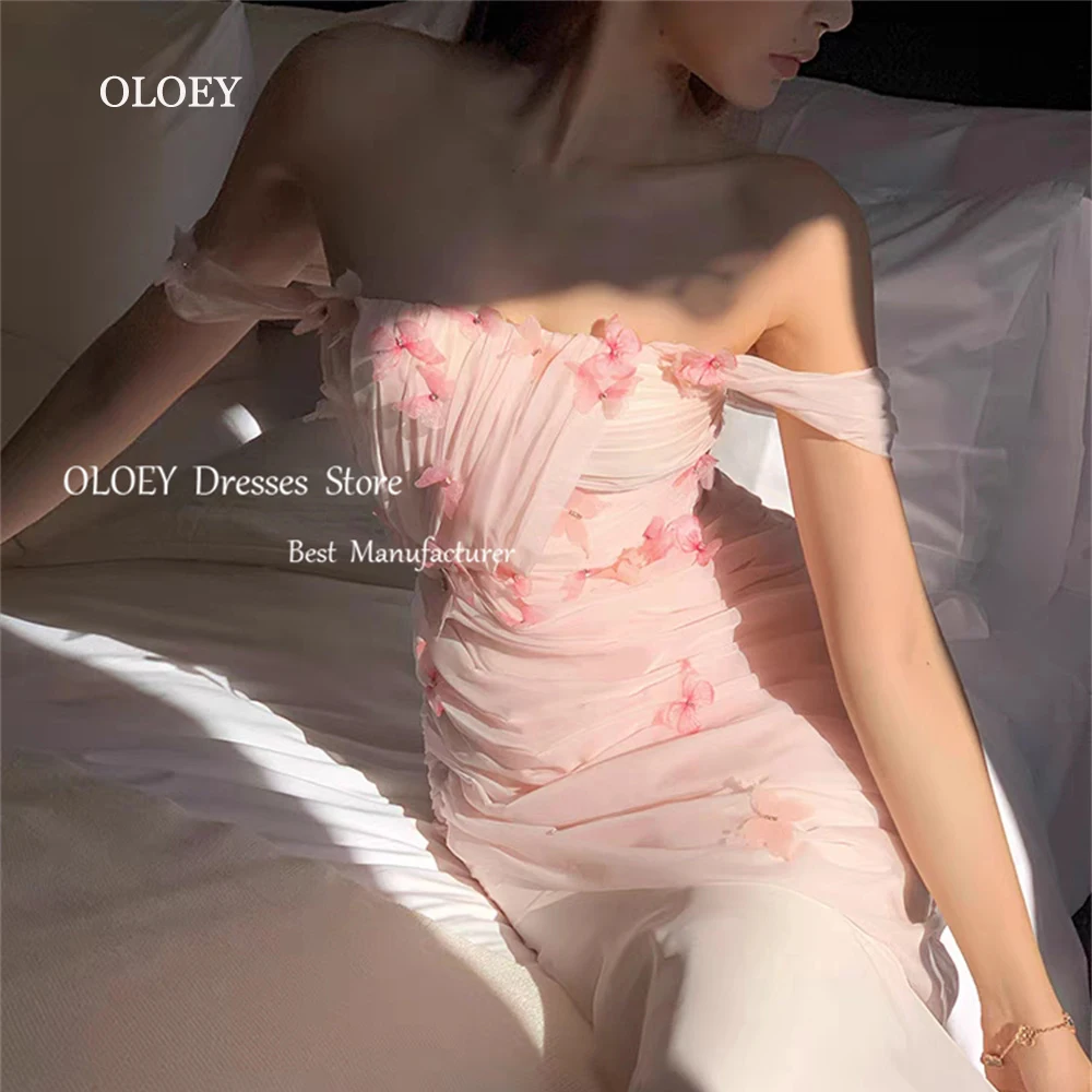 OLOEY Exquisite Fairy Pink Mermaid Prom Dresses 3D Butterflies Pleated Chiffon Ankle Length Formal Party Evening Gown Custom