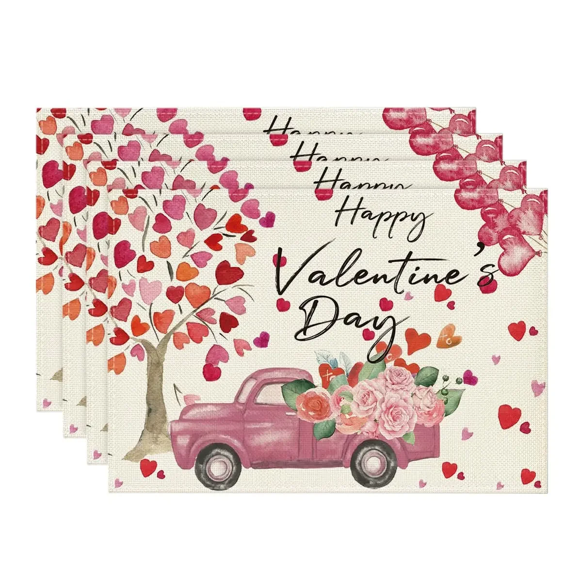 Happy Valentine's Day Placemats, Heart Tree, Truck, Rose, Balloon, 12x18 Inch, Seasonal, Spring Table Mats for Dining Decor 1PC