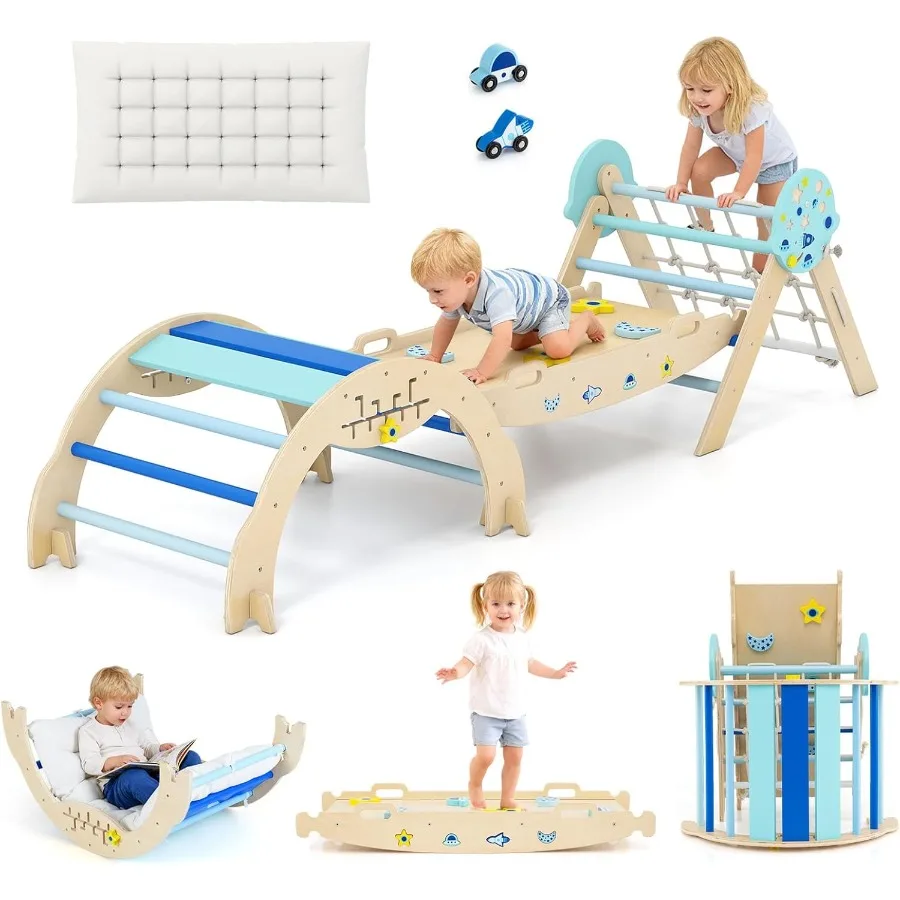 

Pikler Triangle Set 13 in 1 Astronaut Theme Foldable Wooden Montessori Toddler Climbing Toys Indoor with Cushion Ramp Arch Ladd