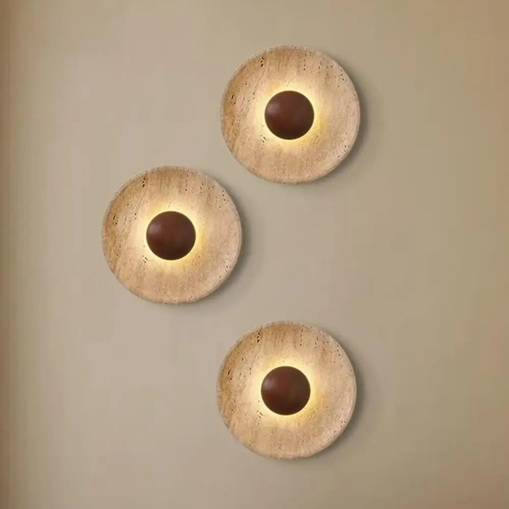 Natural Travertine Wall Lamp Wabi Sabi LED Stone Wall Sconce 5W 3000K Hardwired Wood Ball Bedside Light for Hotel Living Room
