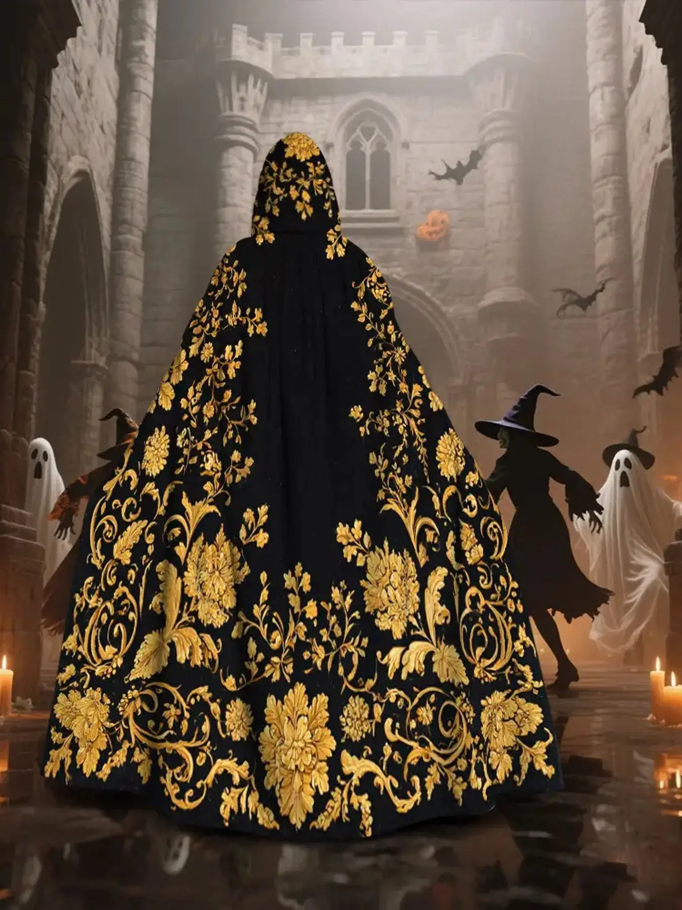 Gotischer Hexenumhang mit Kapuze, schwarz-goldener Umhang mit aufwendigen goldenen Blumenmustern, Kapuzenumhang, Hexenkostüm für alle Jahreszeiten
