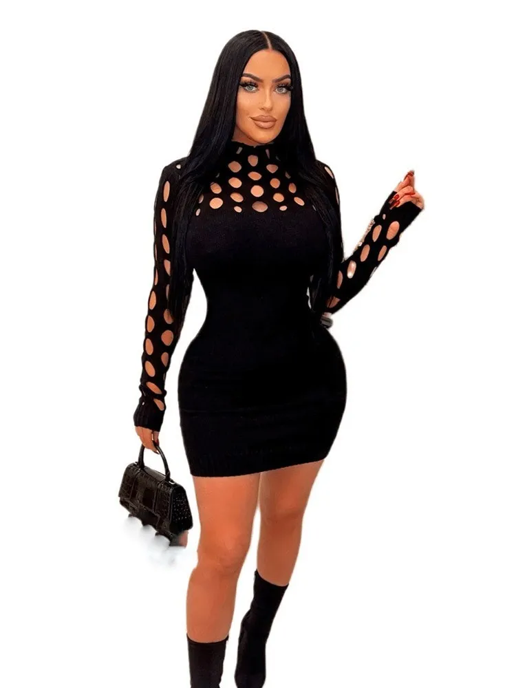 여성 패션 섹시 니트 드레스 속이 비치는 긴팔 바디콘 비치 파티 미니 드레스 우아한 화이트 캐주얼 휴가 드레스