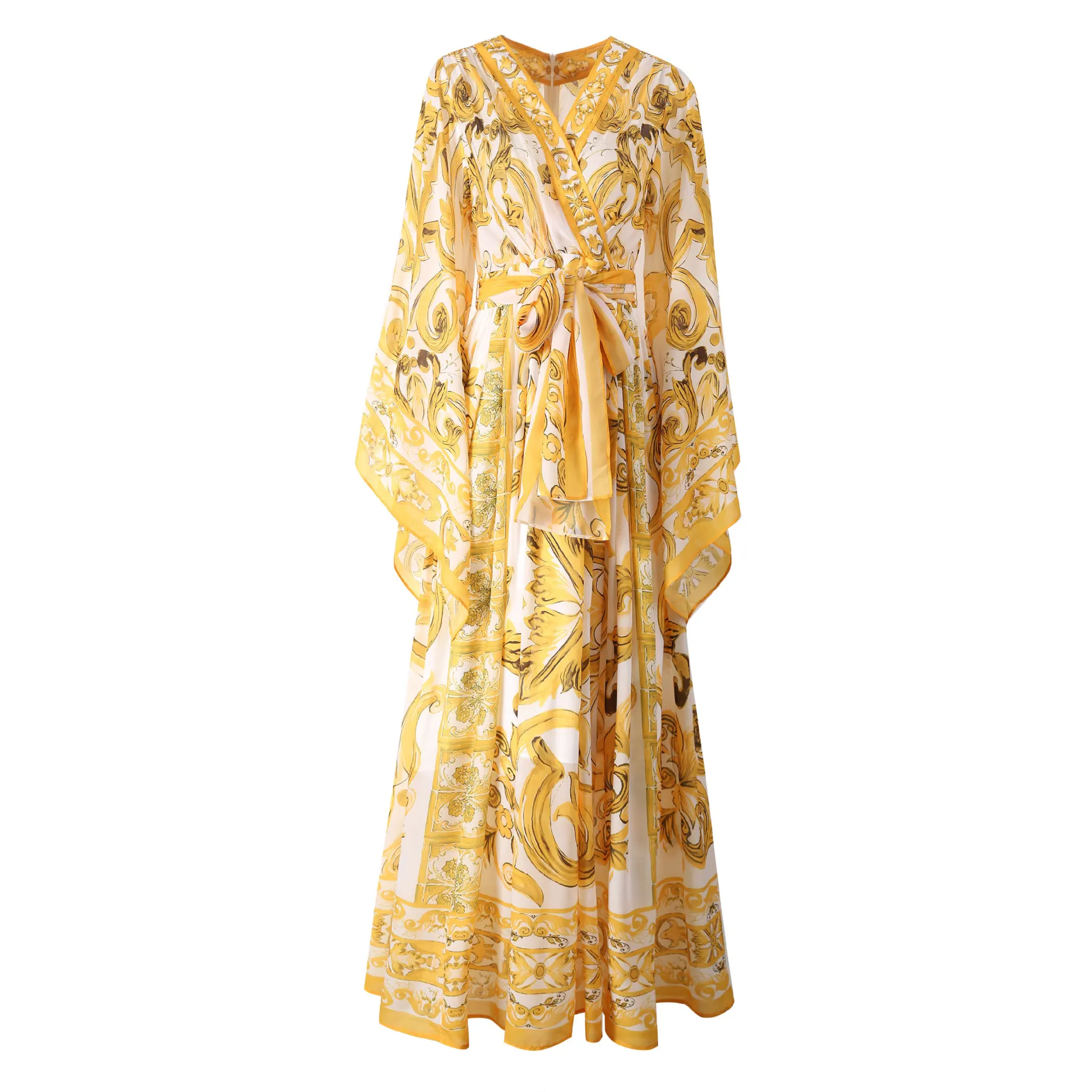 

Women's Chiffon Silk Printed Maxi Dress V-neck Puffy Sleeve Yellow Porcelain Print Long Skirt European Style Mid-waist High-w...