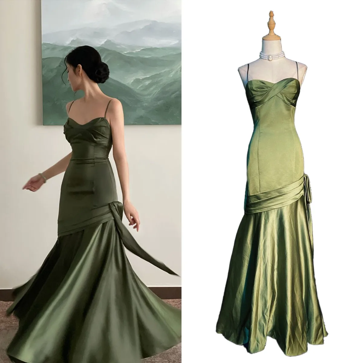 custom 18069#Elegant Emerald Green Irregular Patchwork Evening Party Dress High Waist Spaghetti Strap Pleated Hem Prom Gown 