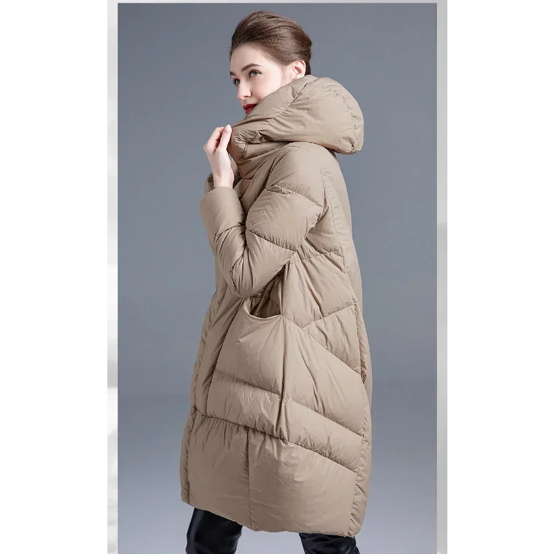 Loose Silhouette Down Coats Women Hooded 2024 Winter Hidden Button Thickened Slimming White Duck Jacket Fashion Commuter Style