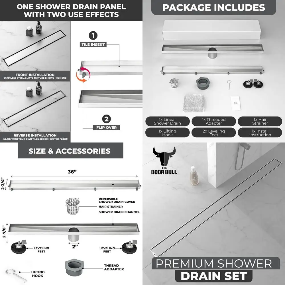 

36 Rectangular Shower Drain, 304 Stainless Steel with Reversible Cover and Hair Catcher, Adjustable Feet Included