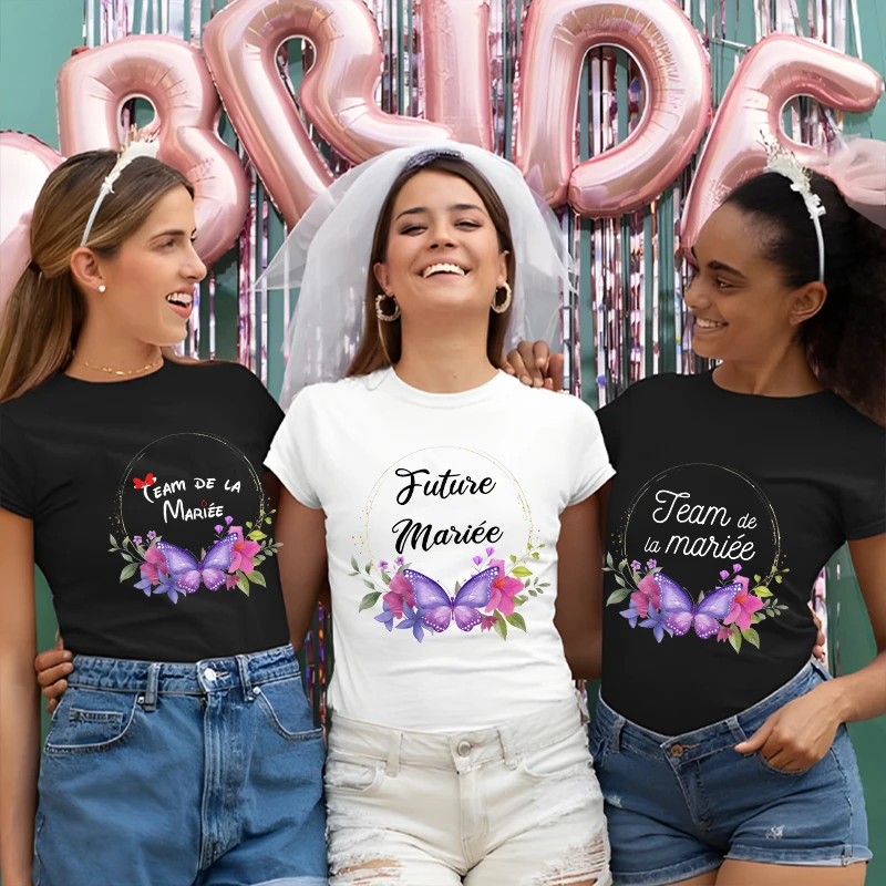 French Girl Bridesmaid Team Bride T-shirt Flower Crown Short Sleeve Tees Bridal Wedding Tops Bachelorette Hen Party EVJF Tshirt