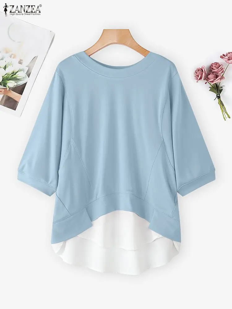 

ZANZEA Women's Stylish Fake Two-Pieces T-Shirts O-Neck 3/4 Sleeve Color Blocked Patchwork High-Low Tees Streetwear Fall 2025 New