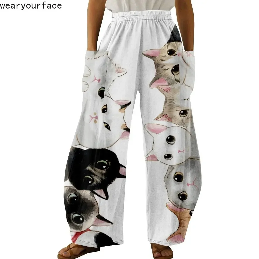 Wide Leg Pants Full Length Cute Kitty Cats Graphics Pattern Printed Hipster Fashion Summer Streetwear Trousers Women Clothing