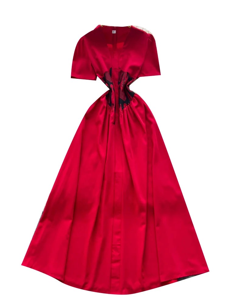 우아한 프린트 여름 드레스 여성용 브이넥 반팔 하이웨이스트 슬림 롱 드레스 한국 스타일 도시 출퇴근 패션