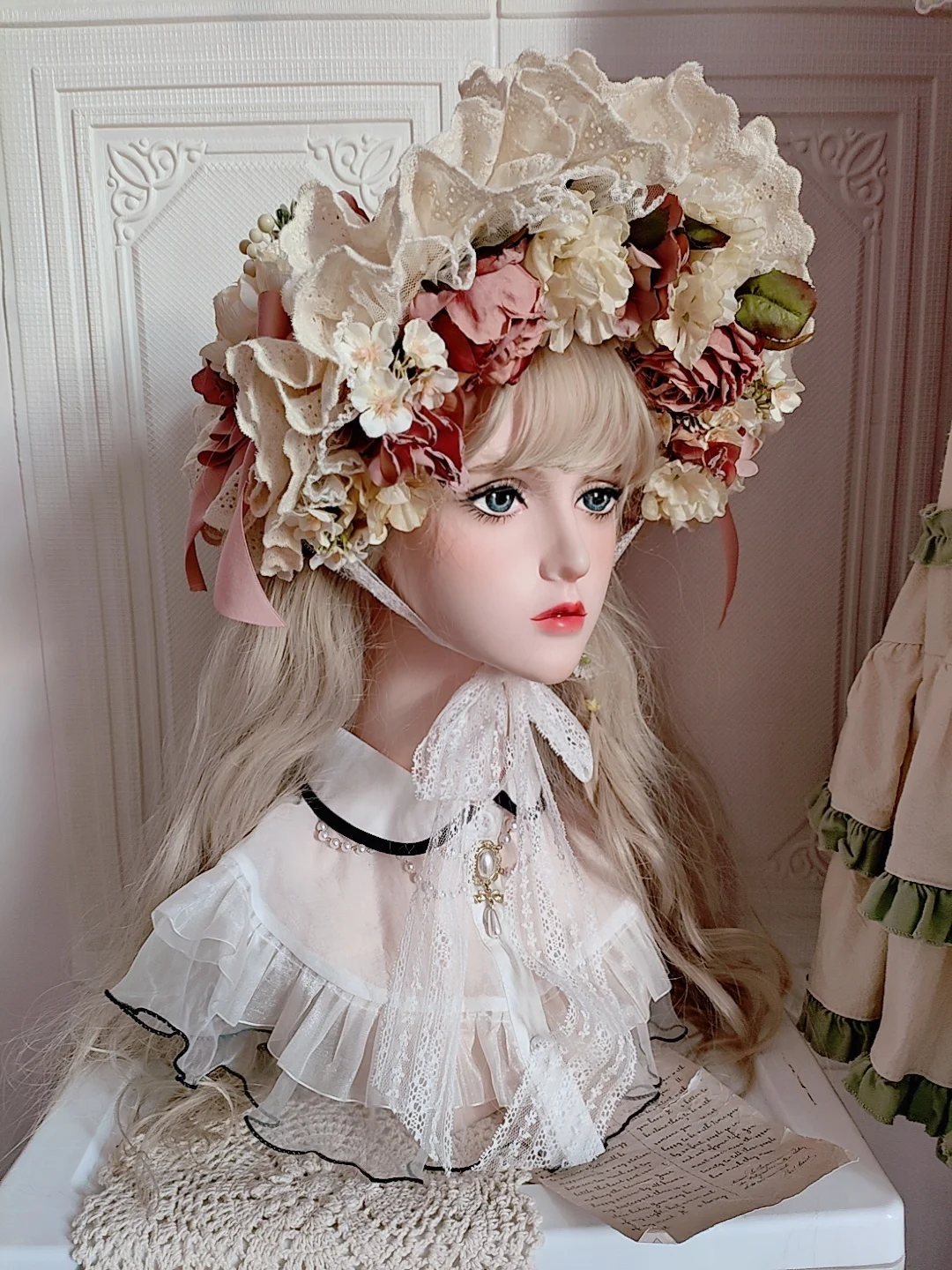 

Hand-Made Red Coffee Rose Flat Hat Lolita Gorgeous Elegant Tea Party Pastoral French Wave Knight Headdress