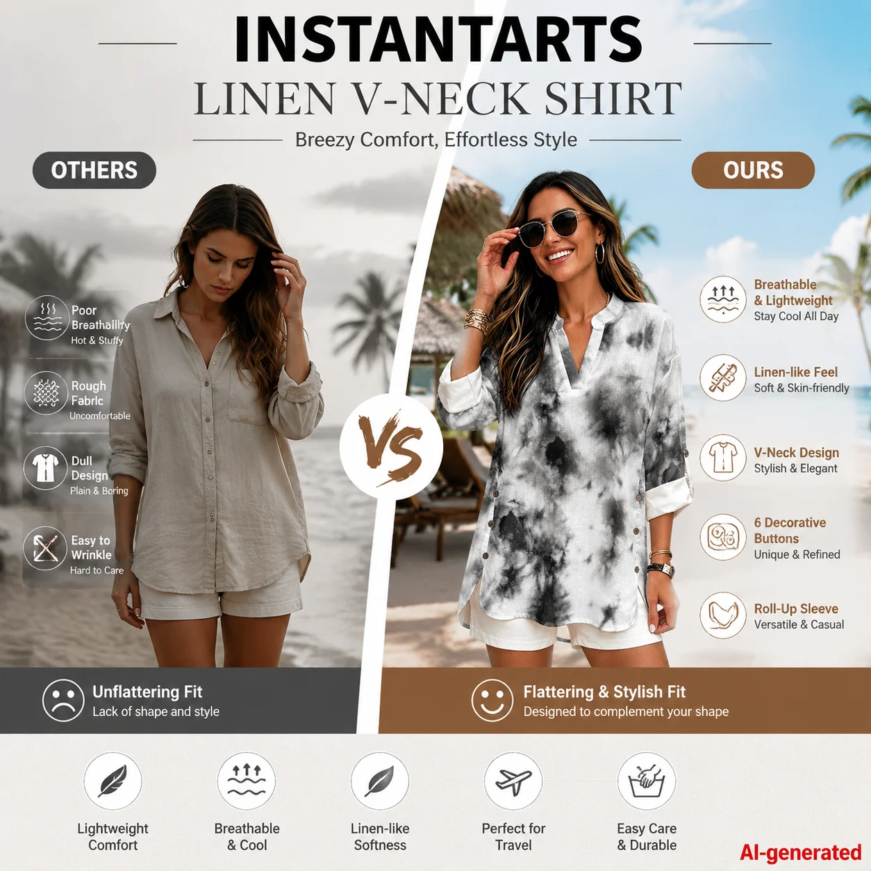INSTANTARTS Women'S Linen V-Neck Shirt Breathable Long-Sleeved Top Blouse Roll-Up Cuff Lightweight Comfortable Soft Tribal Style view 5