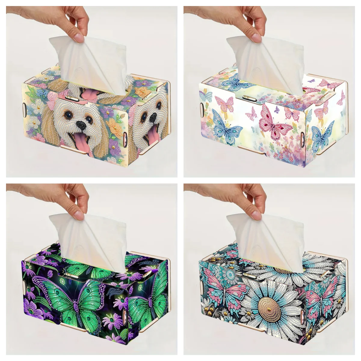 1 DIY Puppy/Butterfly/Flower Pattern Diamond Painting Set, Rectangular Painting Spliced 3D Wooden Tissue Box