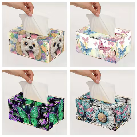 1 DIY puppy/butterfly/flower pattern diamond painting set, rectangular painting spliced 3D wooden tissue box