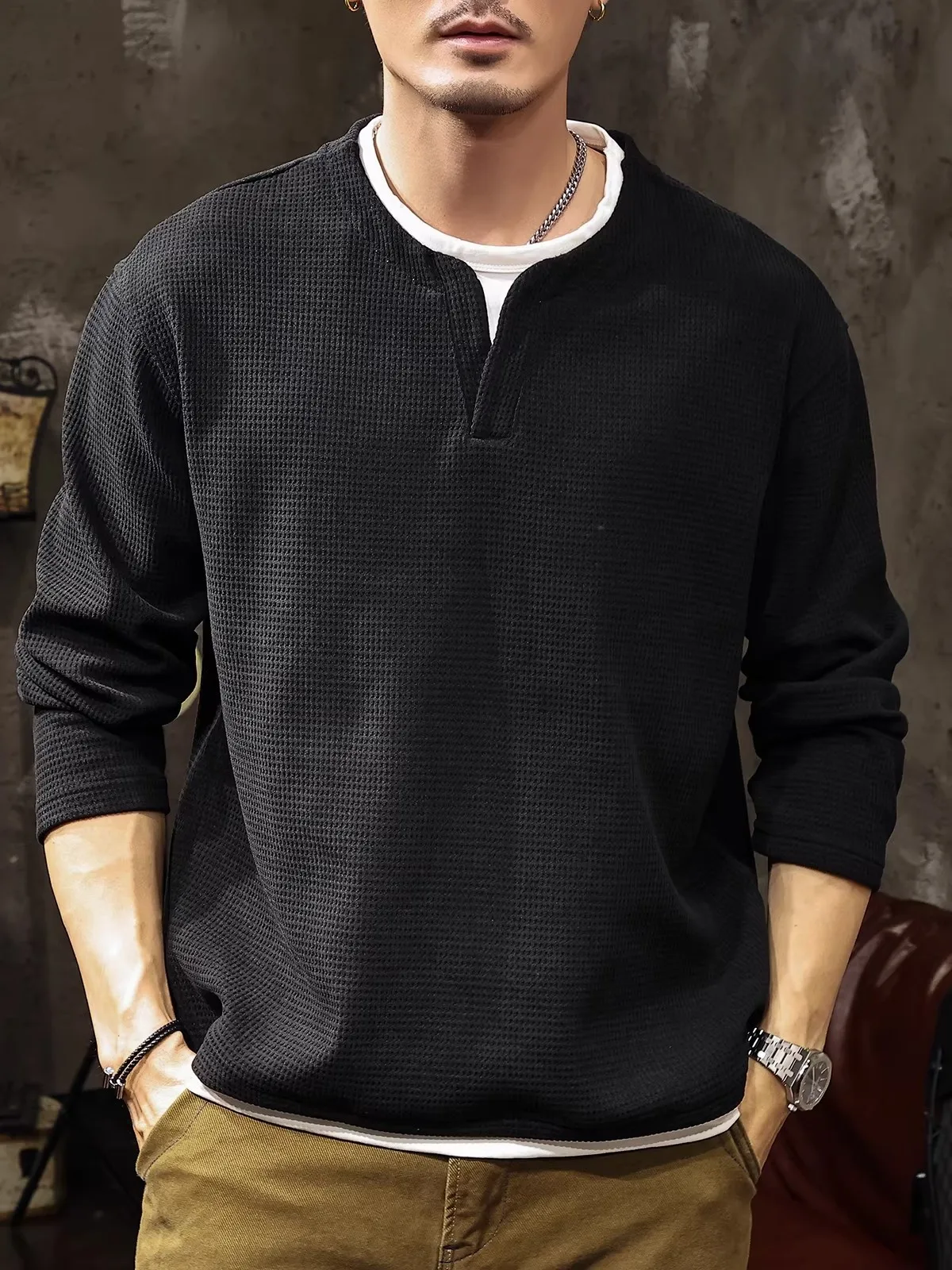 

Мужская футболка с длинным рукавом и V-образным вырезом, текстурированная, с вафельным узором, базовый слой, большой размер, модная, осенне-зимняя, внутренняя одежда, топ