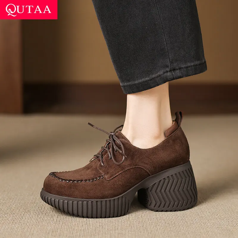 

QUTAA 2026 Fashion New Women Pumps Shoes Kid Suede Woman Spring Casual Shoes Lace Up Platform Round Toe Ladies Dress Shoes 34-39