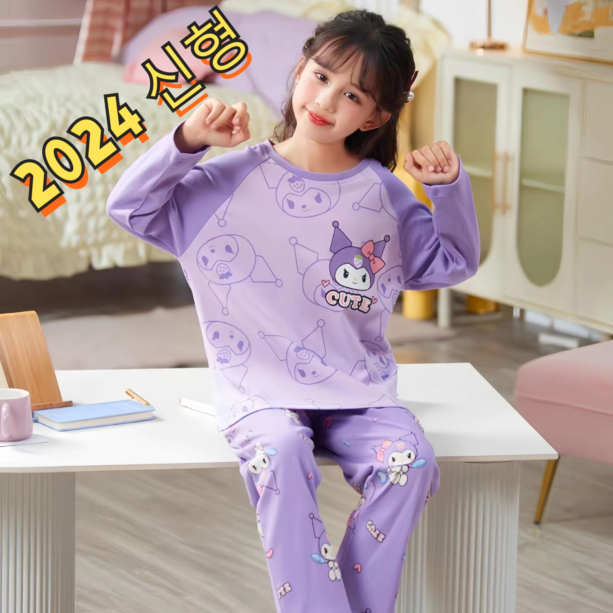 2 peças pijamas infantis com padrão kuromi, conjunto de top e calças de manga comprida, roupa de dormir com estampa de cinnamoroll de desenho animado, conjunto confortável e casual para meninas