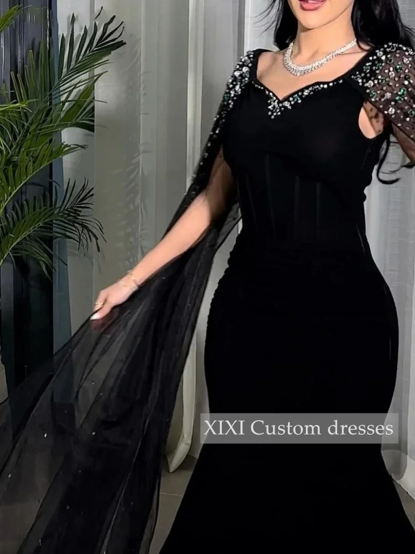 XIXI Customized Luxury Evening Dresses A-Line V-Neck Beadings Zipper Up Prom Dresses Long Sleeves Floor-Length Vestidos De Festa