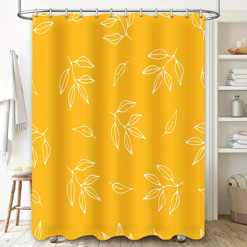 Luxurious Bathing Experience Modern White Leaves Print Shower Curtain in Vibrant Mustard Yellow for Bathroom Decor Privacy Prote
